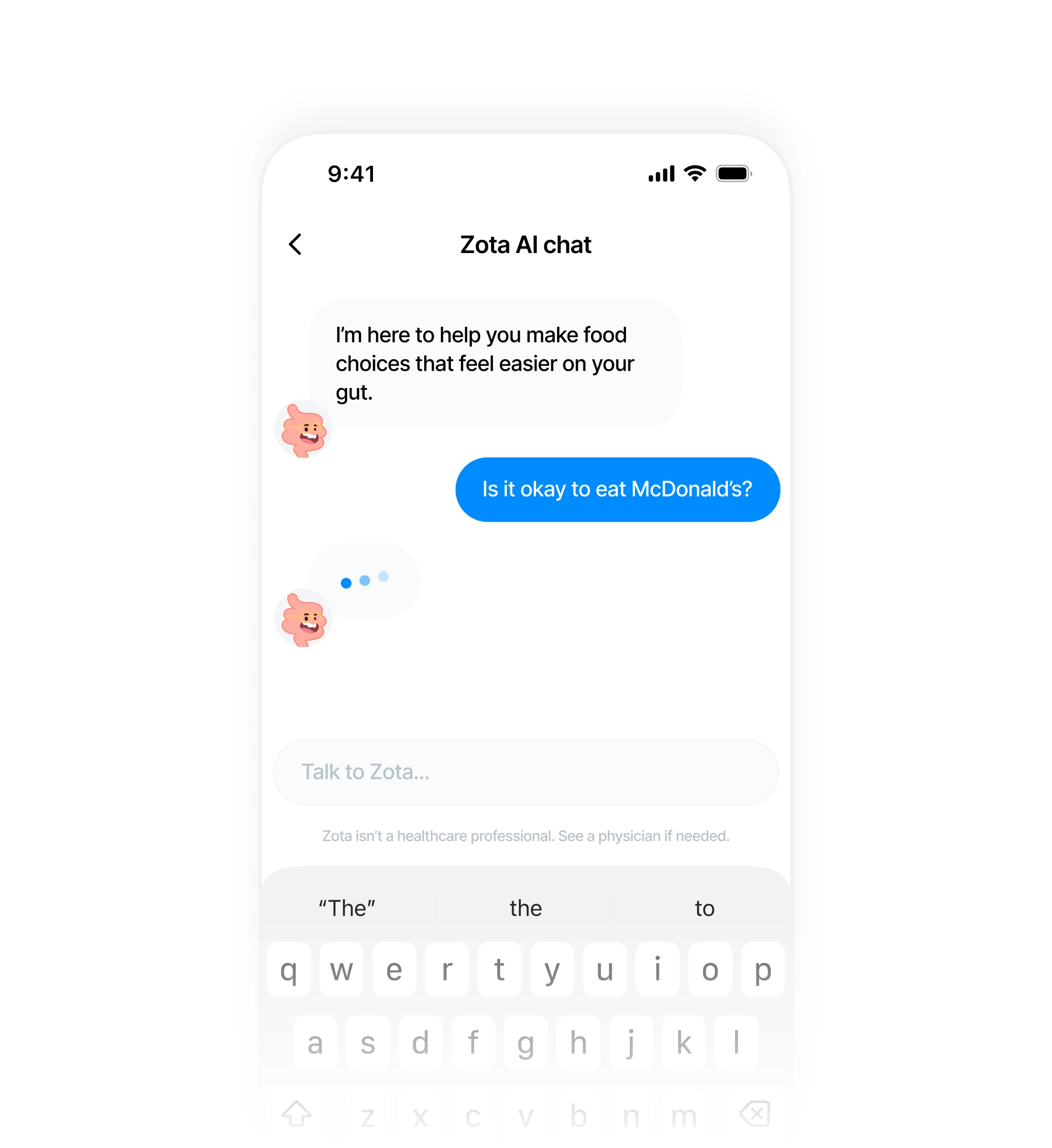 Conversational AI chat in the Zota app answering an IBS question.